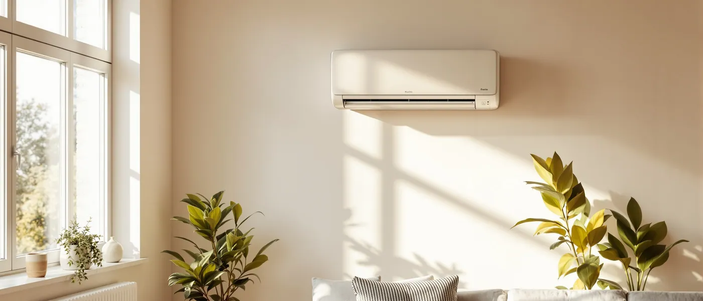 Salon moderne avec climatiseur mural et personne réglant la télécommande au Luxembourg