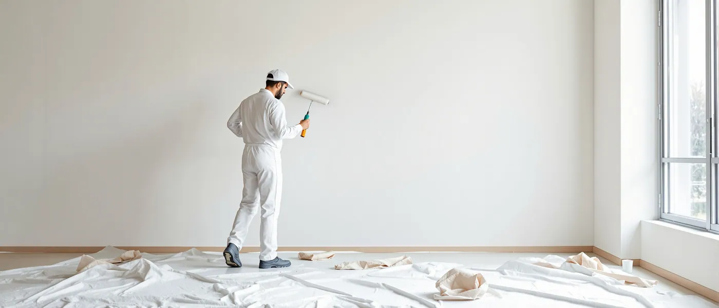 Peintre professionnel appliquant une peinture beige dans un salon moderne au Luxembourg