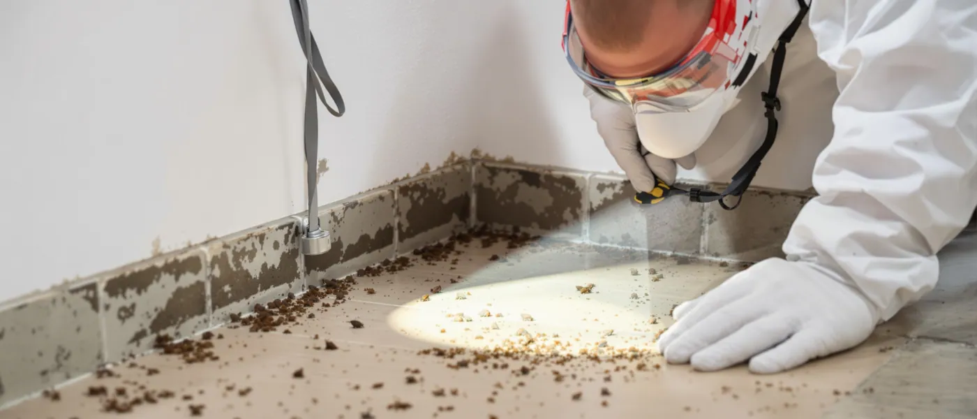 Professionnel anti-nuisibles inspectant une cave pour infestation de rongeurs au Luxembourg